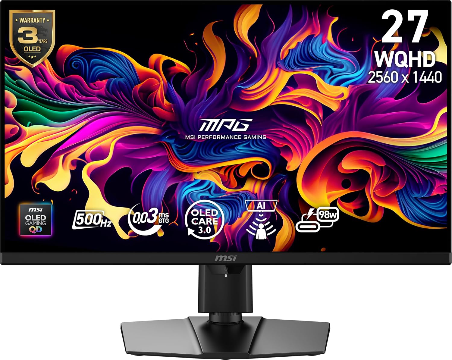 msi MPG 271QR QD-OLED X50 27-Inch WQHD QD-OLED Monitor, 2560 x 1440, 500Hz, 0.03ms, DisplayHDR True Black 500, AMD FreeSync Premium Pro, G-SYNC Compatible, AI Care Sensor, HDMI2.1, DP 2.1, 98W USB-C