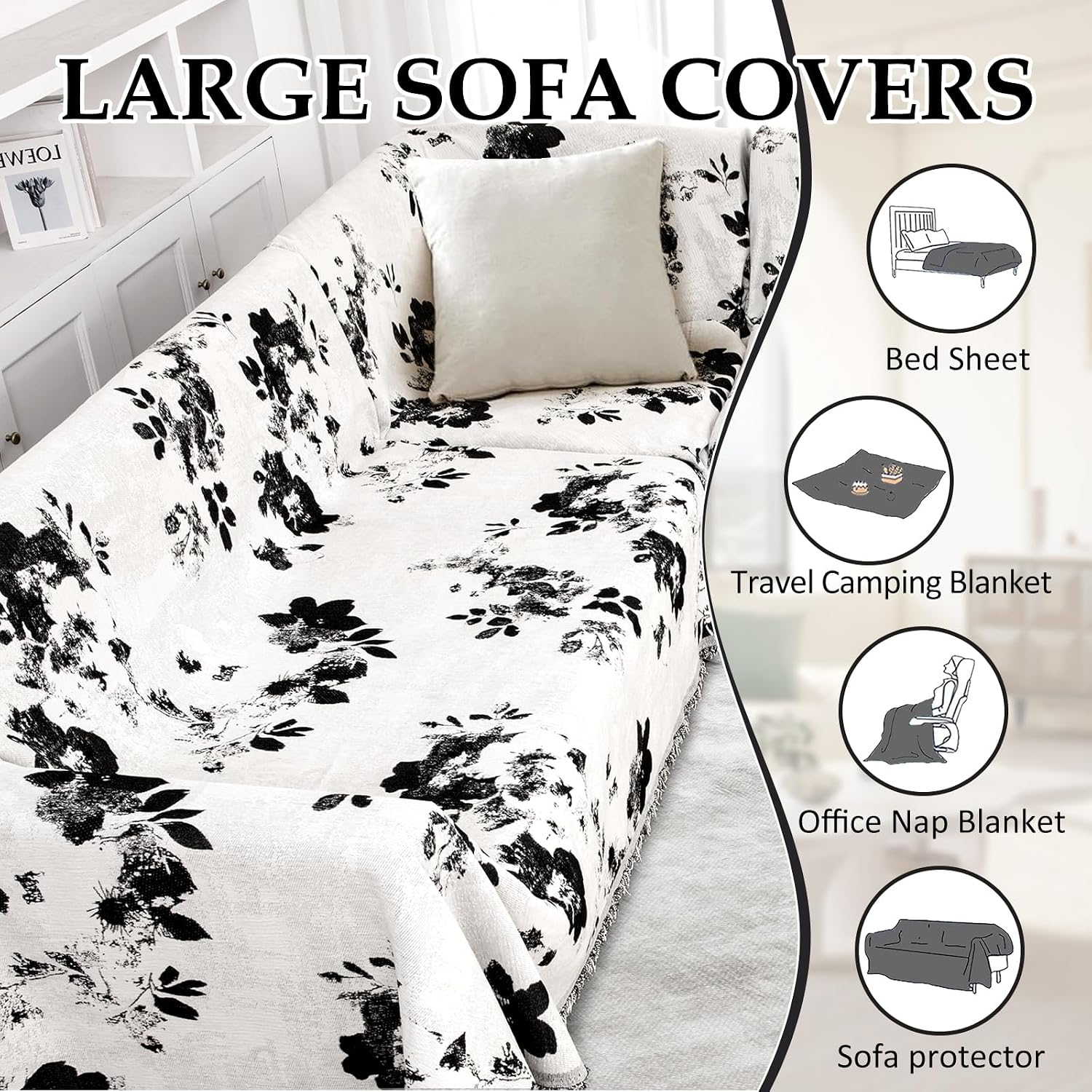 1OO% Waterproof Sectional Couch Covers for Dogs L Shaped Corner Sofa Cover Washable Chenille Sofa Slipcovers Blanket Modern Jacquard Pet Furniture Protector (91'x252', Black Flower)