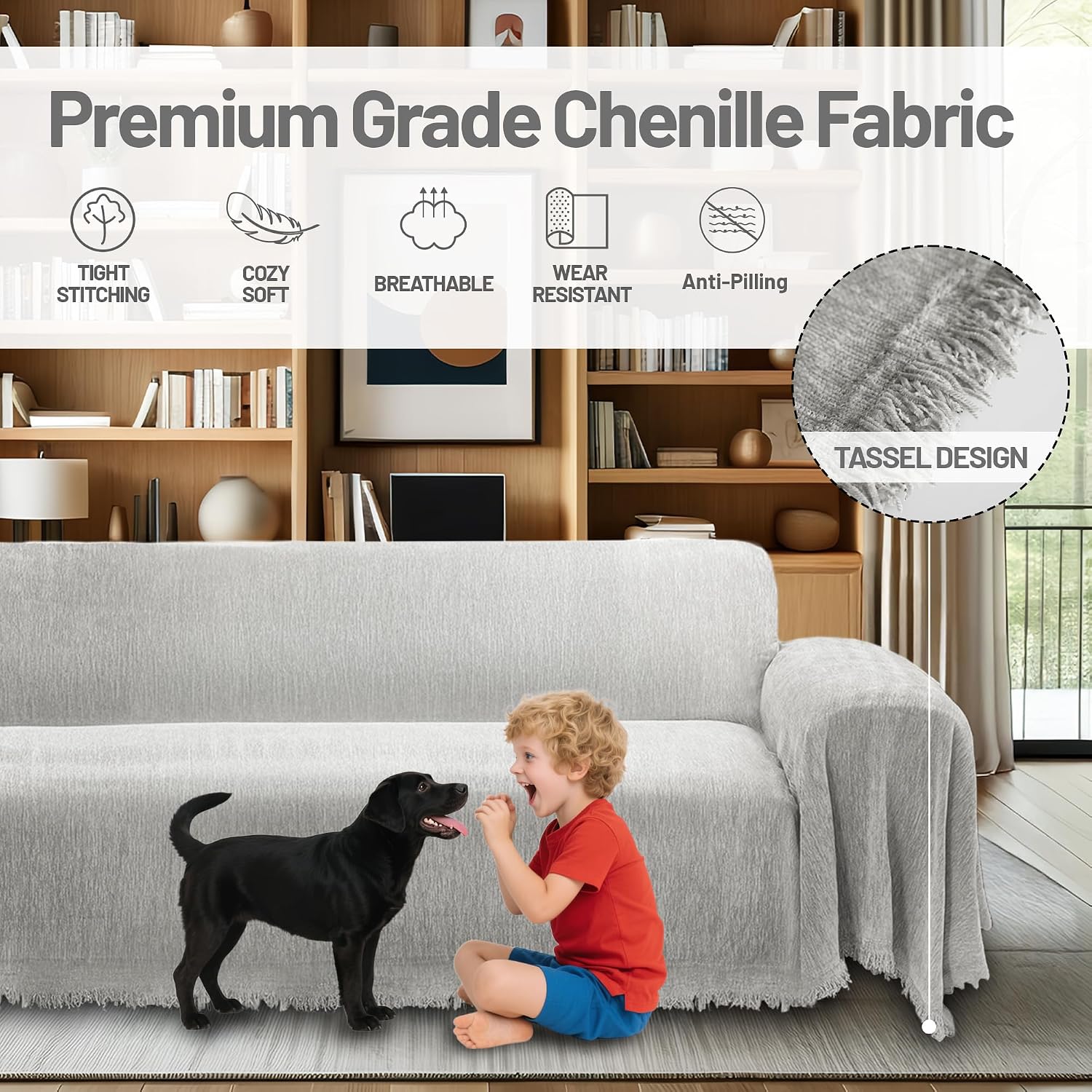 1OO% Waterproof Corner Sectional Couch Covers L Shape Chenille Sectional Sofa Cover with Tassel Soft Thick Washable Sofa Slipcover Furniture Protector for Dogs Pets (91' x 252', Air Grey)