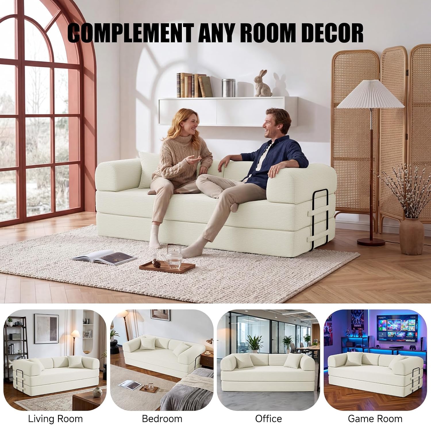 79' Compressed Sofa, Convertible Sofa Bed, Corduroy Compression Boneless Couch with Pillow, Comfy Modular Foldable Floor Sleeper Sofa for Bedroom, Living Room, Lounge, Studio (White)