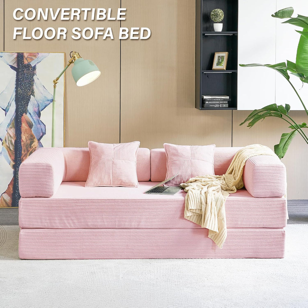 YINIX Foldable Sofa Bed, 78'' Folding Floor Couch, Compressed Convertable Sleeper Sofa, Memory Foam Couch with Pillow Back Support Armrest, 4-in-1 Futon Sofa Bed for Living Room, Pink