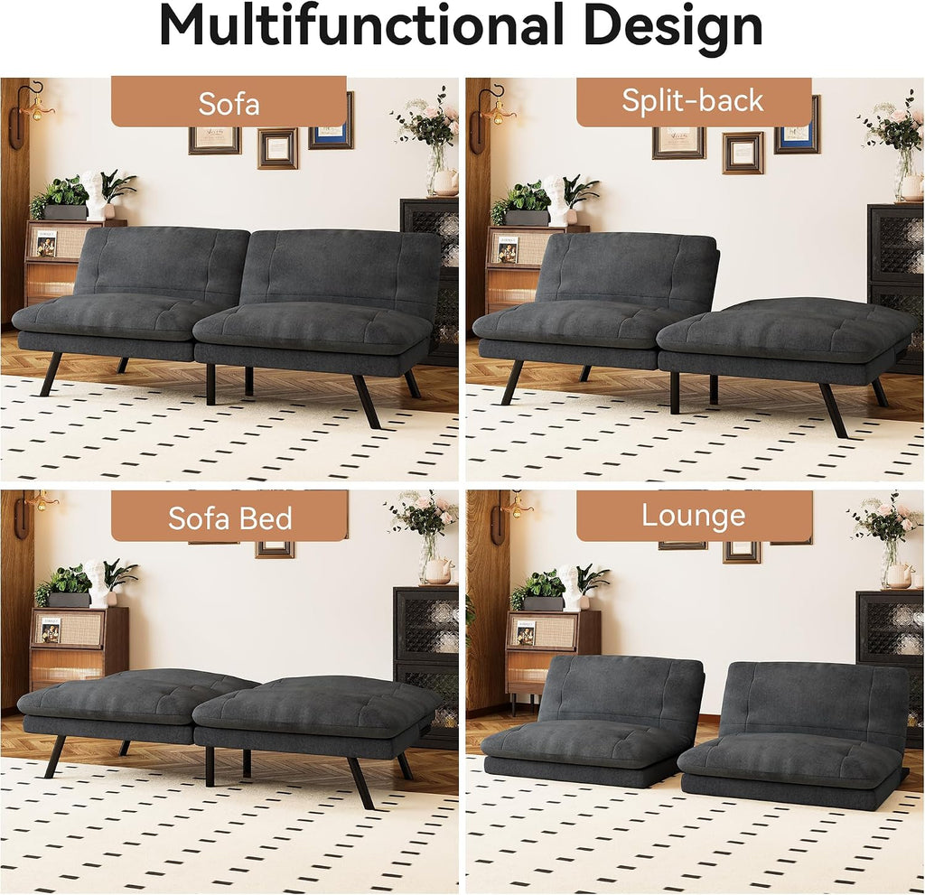 Futon Sofa Bed Convertible Couch, Black Linen Sofa Bed with Adjustable Backrest, Multifunctional Small Loveseat Sleeper Sofa for Living Room, Apartment, Office