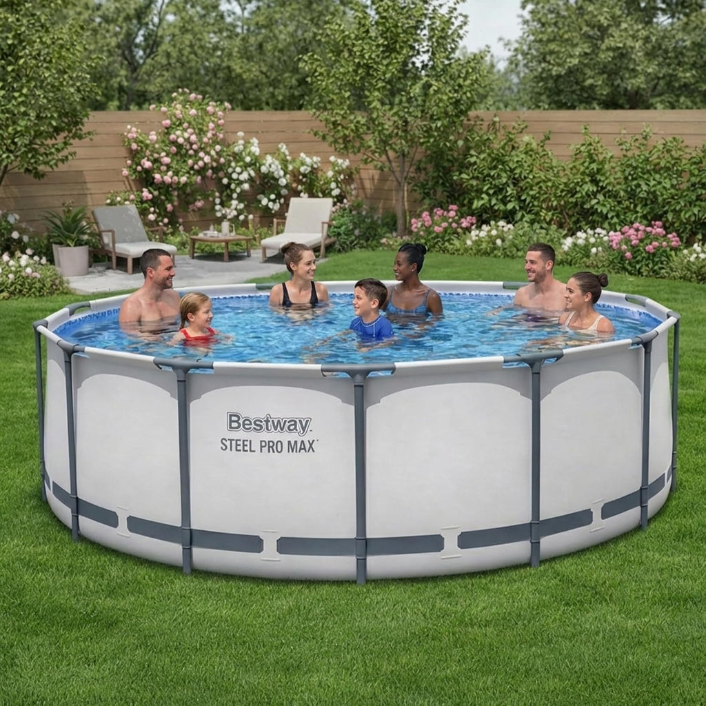Bestway Steel Pro MAX 14' x 48' Above Ground Pool, Round Metal Frame Outdoor Swimming Pool Set with Filter Pump, Ladder, and Cover, Gray