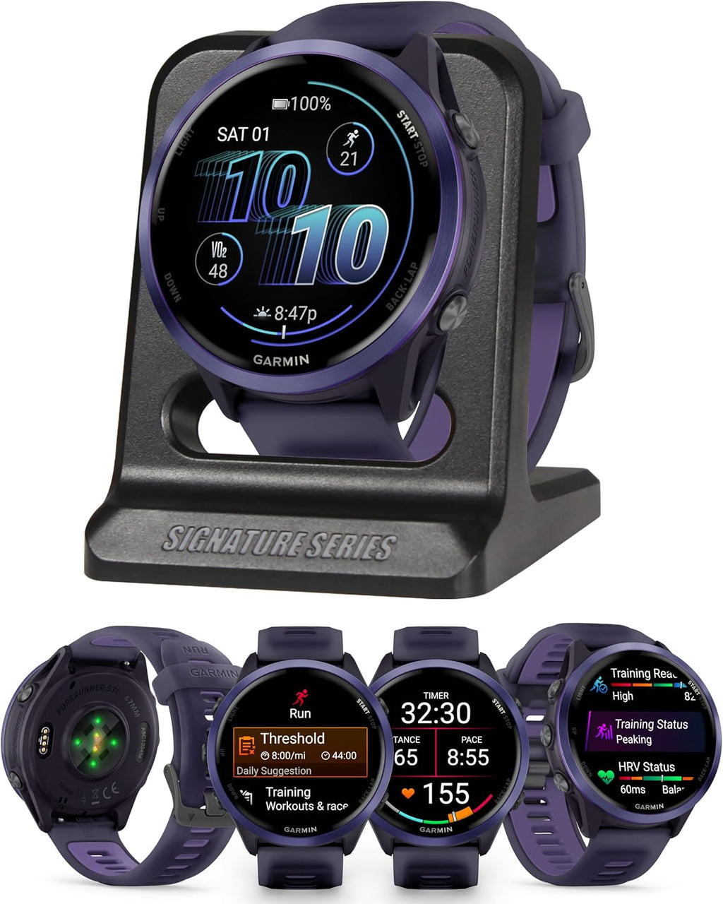 Garmin Forerunner 570 Performance 47mm GPS Smartwatch, Indigo | AMOLED Display, Training Readiness, On-Wrist Calling with Signature Series Modern Power Stand Bundle