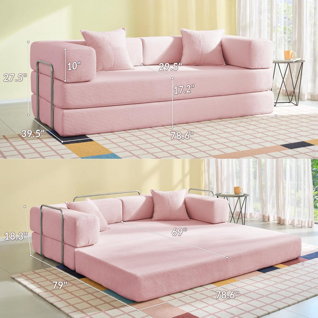 Compression Sofa - 78''Convertible Floor Sofa Bed - with Pillow Back Support Armrest - Comfy Foldable Sofa Bed Compressed Sofa in Box - Corduroy Fabric - for Living Room Bedroom (Pink)
