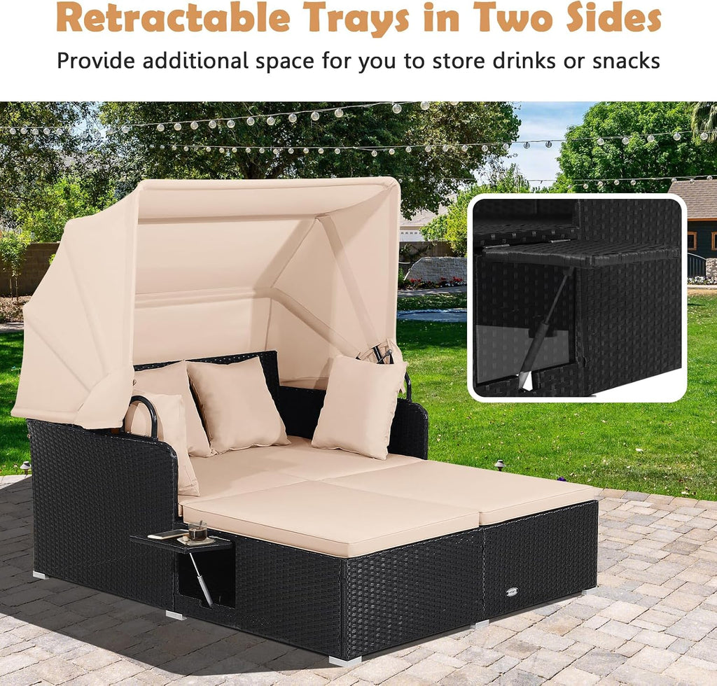 Tangkula Patio Rattan Daybed with Retractable Canopy, Outdoor Wicker Sunbed Lounger with 2 Foldable Side Tables, Thick Seat & Back Cushions, Outside Double Daybed for Garden, Backyard, Porch