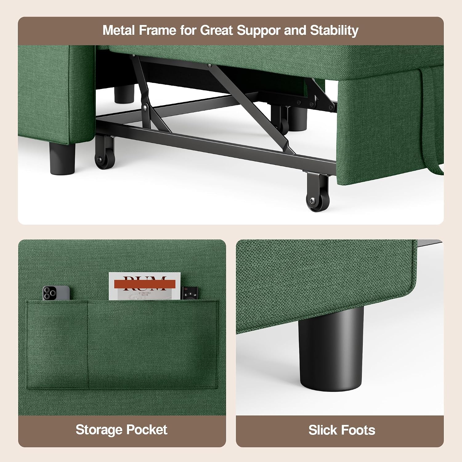 Ahomly Convertible Sleeper Chair Sofa Bed with 3-in-1 Design, Adjustable Backrest, and Storage Pocket for Living Room, Green