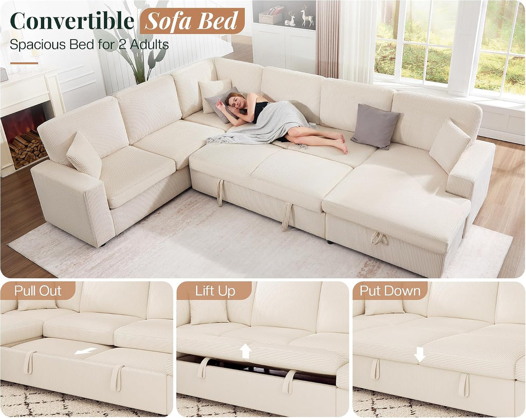 Jocisland 130' Sofa Bed, Sleeper Sofa, Pull Out Sleeper Couch with Storage, Convertible 6-Seater Sofa Bed for Living Room, Corduroy Beige