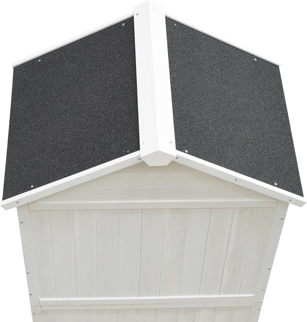 GDFStudio 67' Fir Wood Storage Shed 2 Doors Design Outdoor Tool Storage House Cabinet with Sloped Roof & 4 Interior Compartments for Garden Patio Backyard, White