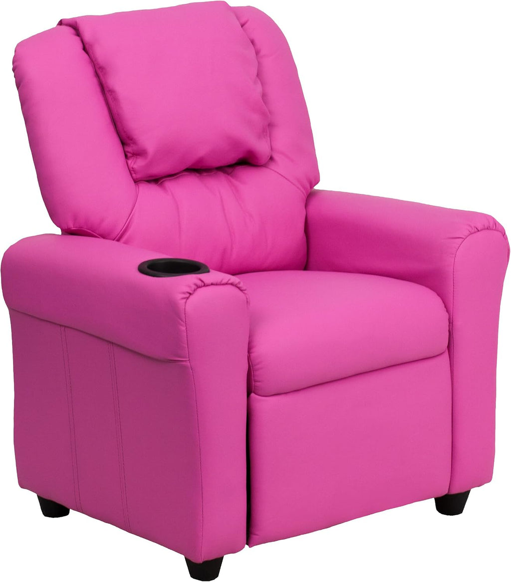 EMMA + OLIVER Hot Pink Vinyl Kids Recliner with Cup Holder and Headrest