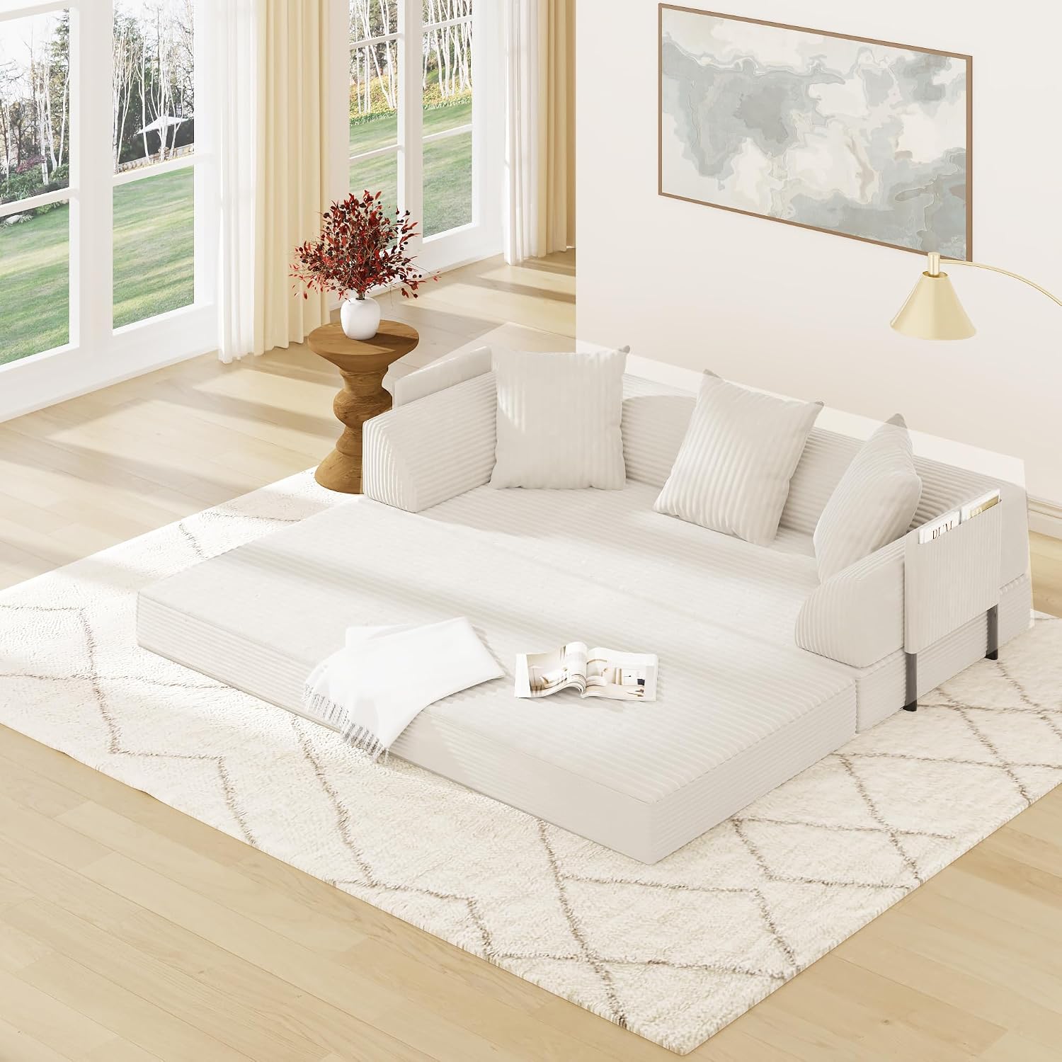 Folding Convertible Sofa Bed with 3 Pillows, 79 ' Corduroy Boneless Couch with Armrest Pockets, Lounge Loveseat Sleeper with Pull Out Bed, Memory Foam Compressed Sofa for Living Room Bedroom, Beige