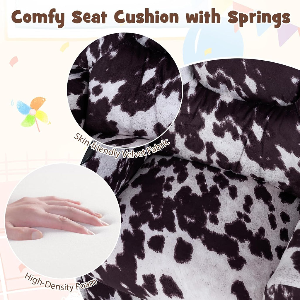 GLACER Kids Recliner with Cup Holder, Velvet Toddler Lounge Chair w/Adjustable Backrest & Footrest, Spring-Loaded Seat Cushion, Push Back Toddler Sofa for Boys & Girls Ages 3+ Years Old (Cow)