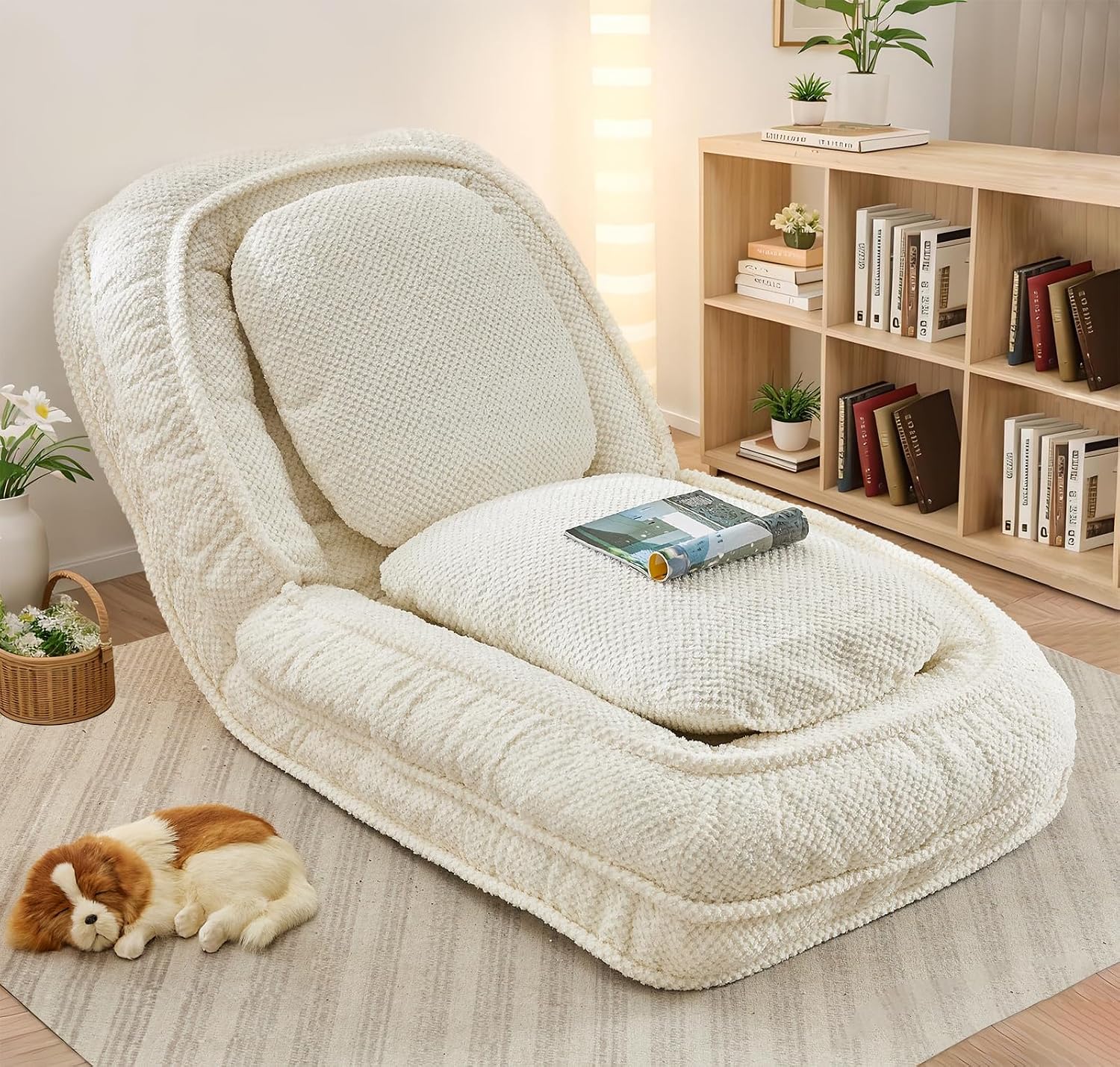 Upholstered Human Dog Bed for Adult & Pets, Convertible Lazy Sofa Bed with 5 Adjustable Position, Comfy Tatami Bean Bag Lounge Chair with 2 Soft Pillows for Bedroom Living Room Office (Ivory)