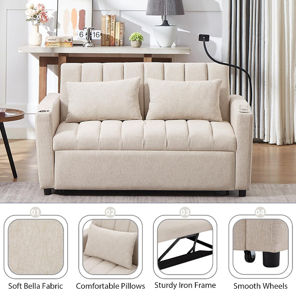 LUMISOL 3-in-1 Convertible Sleeper Sofa Bed, 55.9' Loveseat Pull Out Bed with USB Ports, Cup Holders, Swivel Stand & Storage Pockets, Modern Tufted Sofa Bed with Pillows, Beige