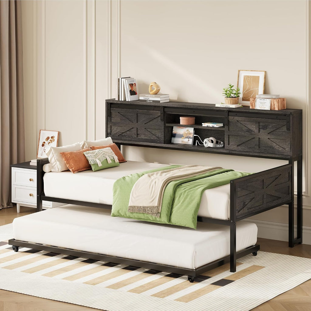 LIKIMIO Daybed with Trundle Bed, Sofa Bed Twin with Charging Station, with Storage Headboard & Strong Support, for Living Room, Bedroom and Guest Room, Charcoal Grey