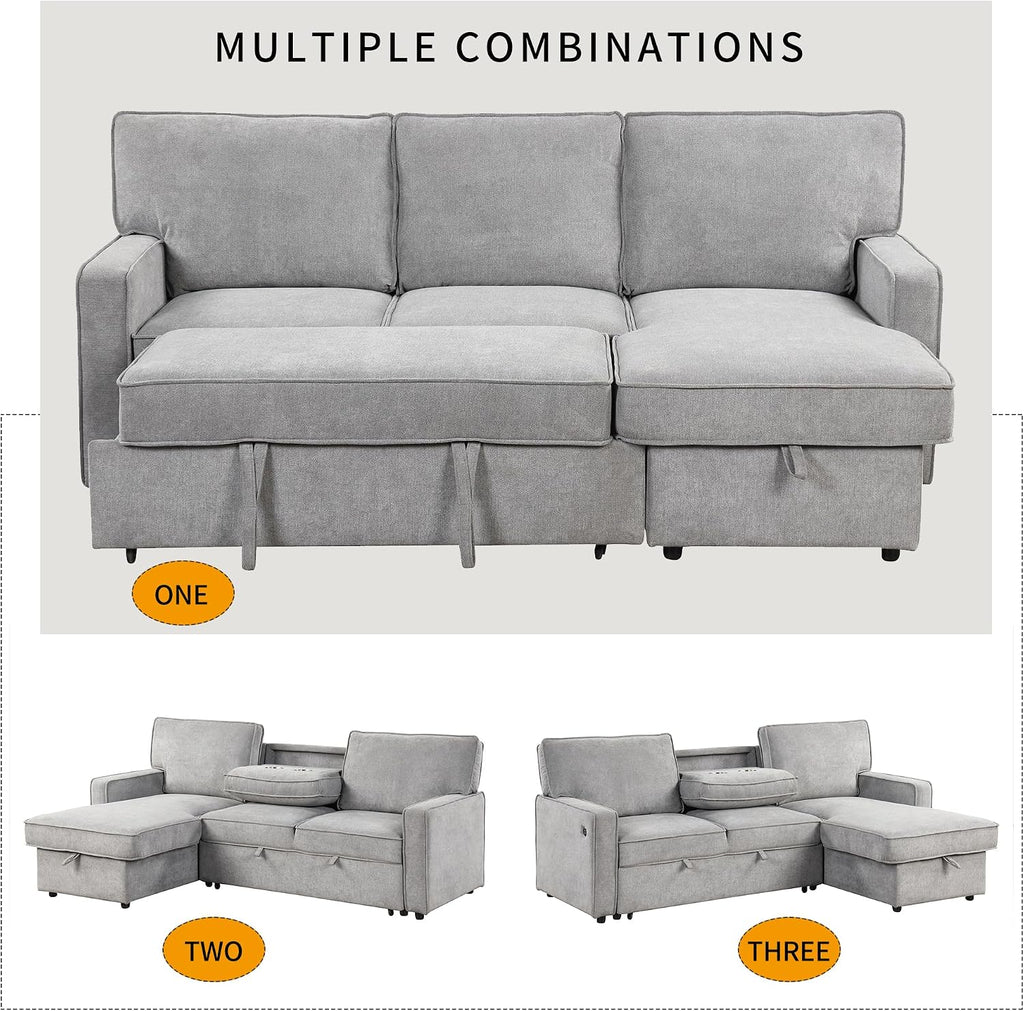 LUMISOL 89' Convertible Sleeper Sofa Bed, Modern L-Shaped Sectional Sofa Pull Out Couch with Chaise, Chenille Sofa Bed with Cup Holder, USB Ports for Living Room, Small Apartment, Gray
