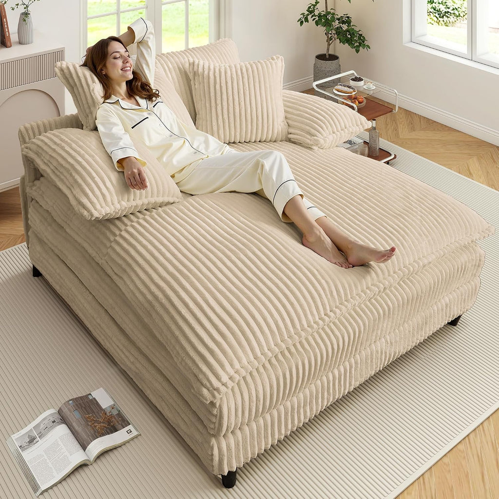 WESTSETLUX 54.8' W Oversized Chaise Lounge Chair Indoor with 5-Position Adjustable Backrest, Corduroy Sleeper Sofa Bed with 3 Pillows, Modern Cloud Couch Chair for Living Room, Bedroom, Khaki