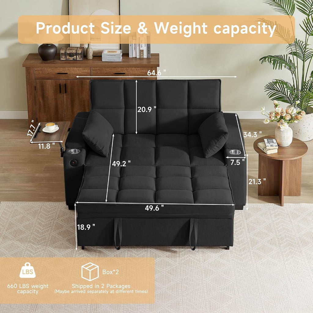 Auvsoce 65' Sleeper Sofa Bed Loveseat, Convertible Couch for Living Room, RV Sofa with Adjustable Backrest, Chaise Lounge, Side Table, USB & Type-C Ports
