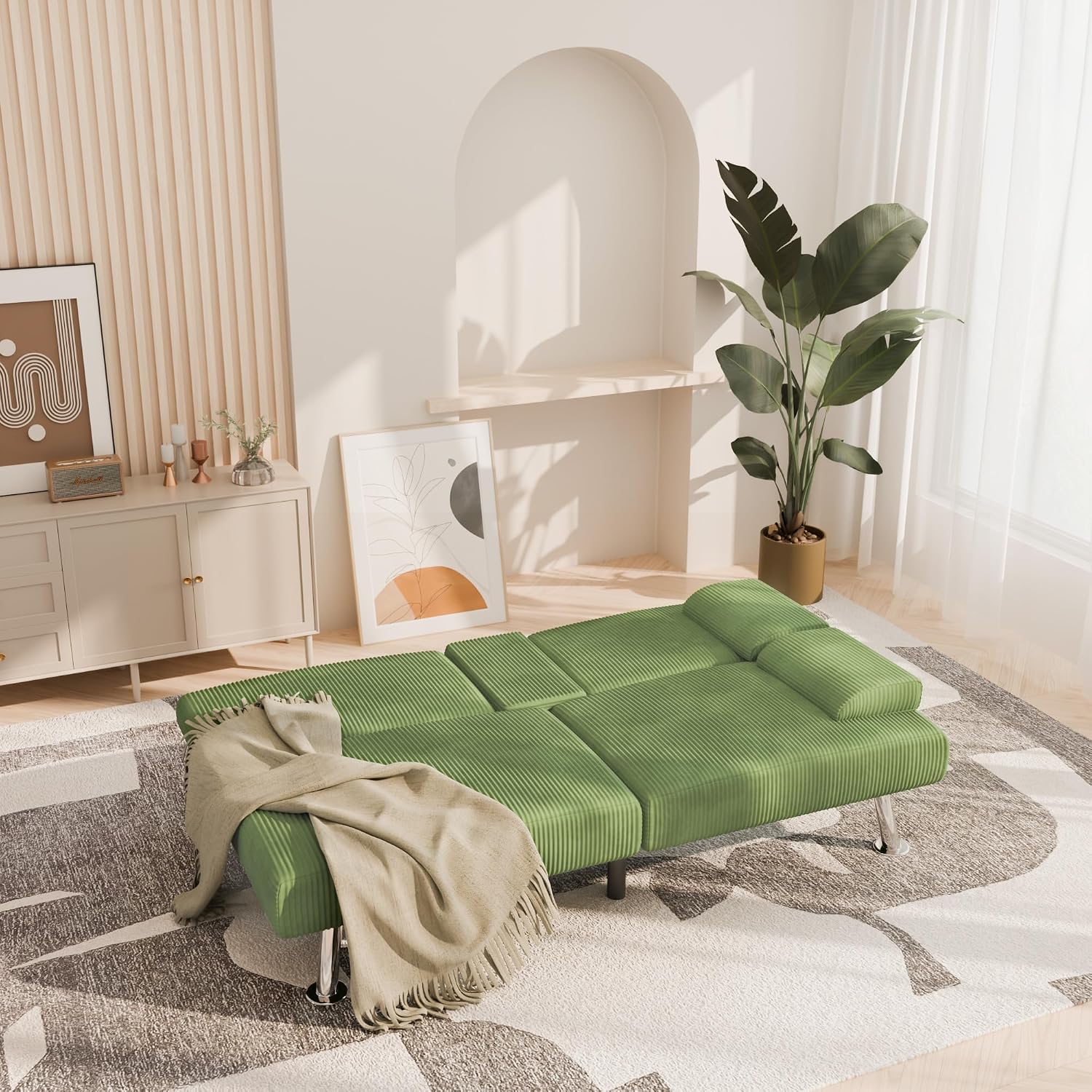 YESHOMY Futon Sofa Bed, Futon Couch with Adjustable Backrest, Convertible Sleeper Sofa with Removable Armrests, Loveseat in Corduroy with 2 Cup Holders for Living Room, Apartment (Green)