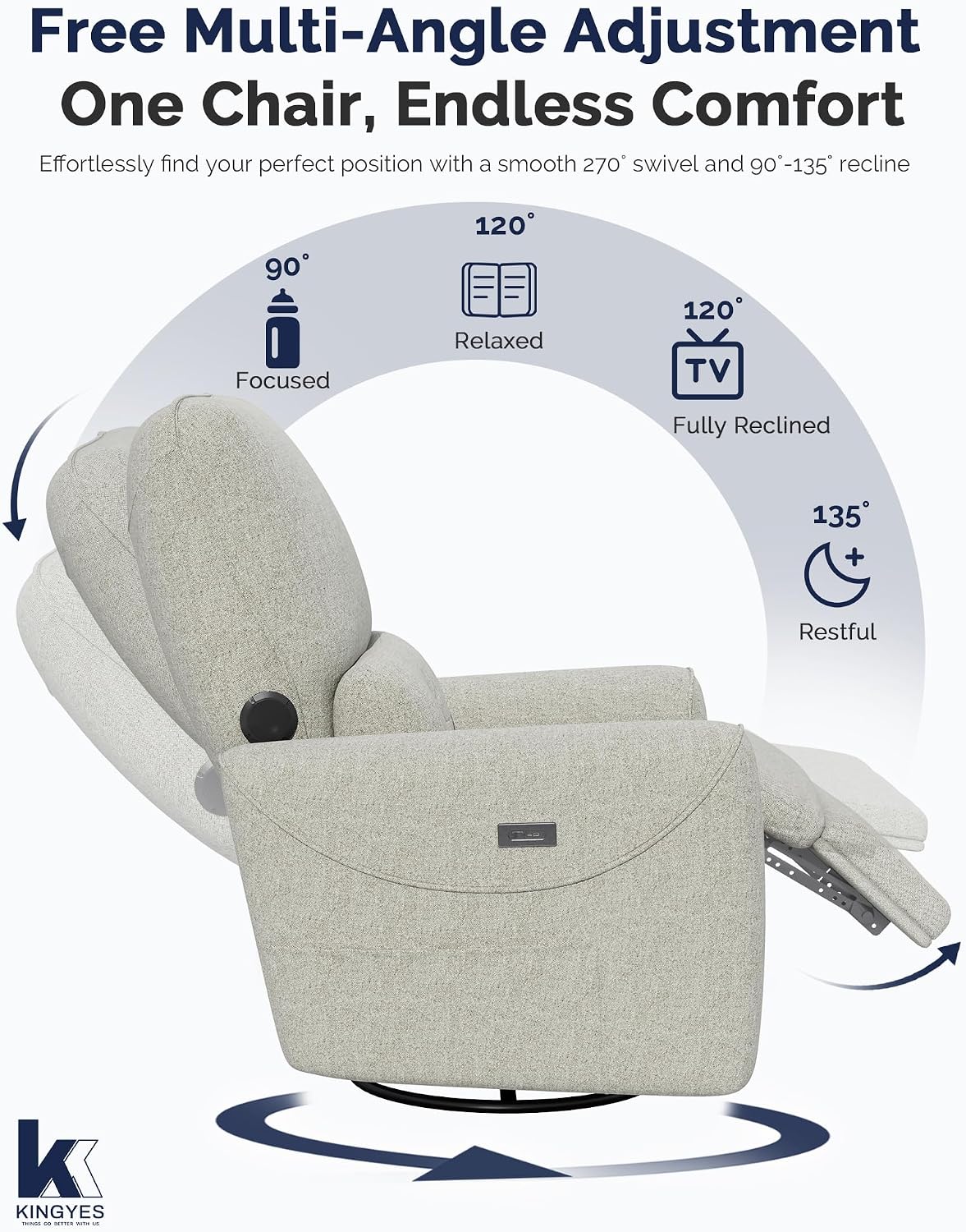KINGYES Power Recliner Chair, 270° Swivel Glider, Living Room Recliner with USB-C Port, Nursery Rocking Chair, Gray