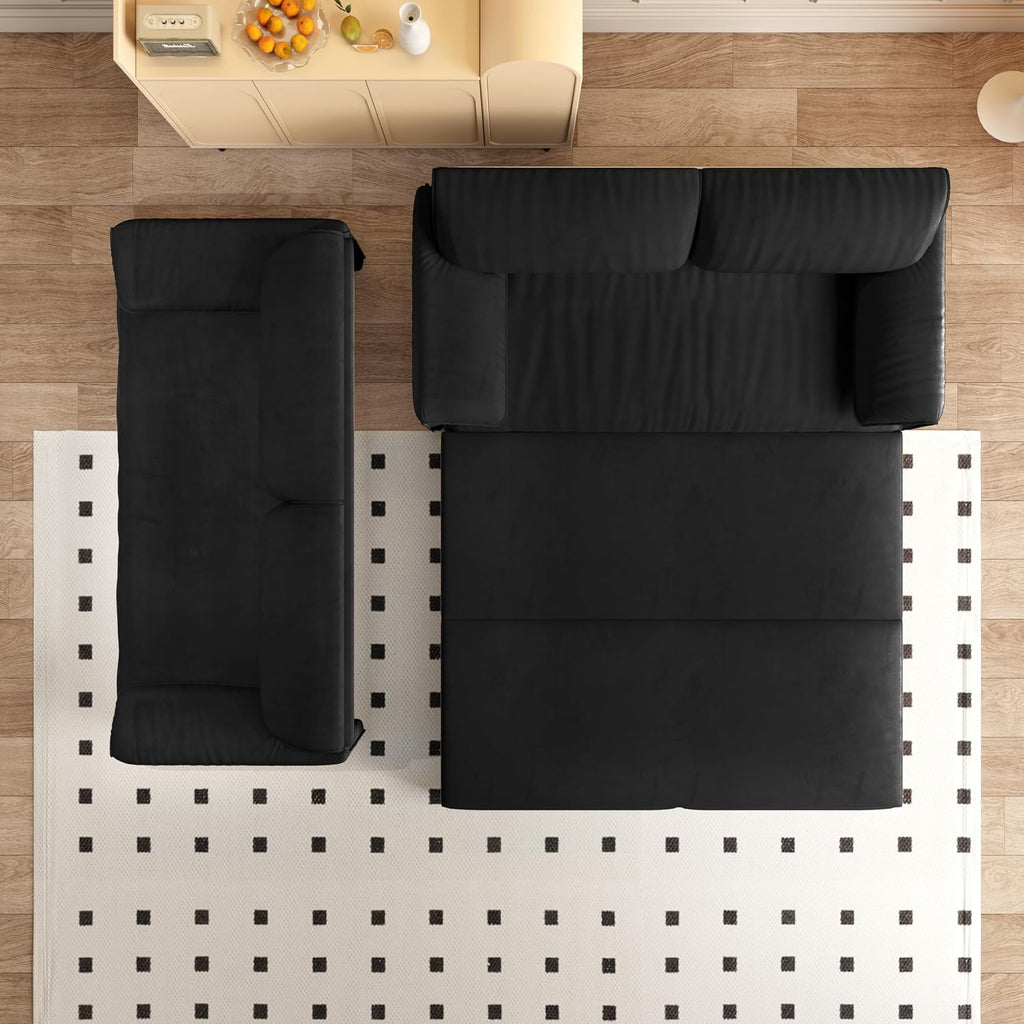 66' Sleeper Sofa Bed Queen Size, 3-in-1 Convertible Couch, Modern Pull Out Couches, Comfy Velvet Futon Sofa, Cloud Loveseat Lounge, Pillow Arm, for Small Spaces, Living Room, Apartment, Black