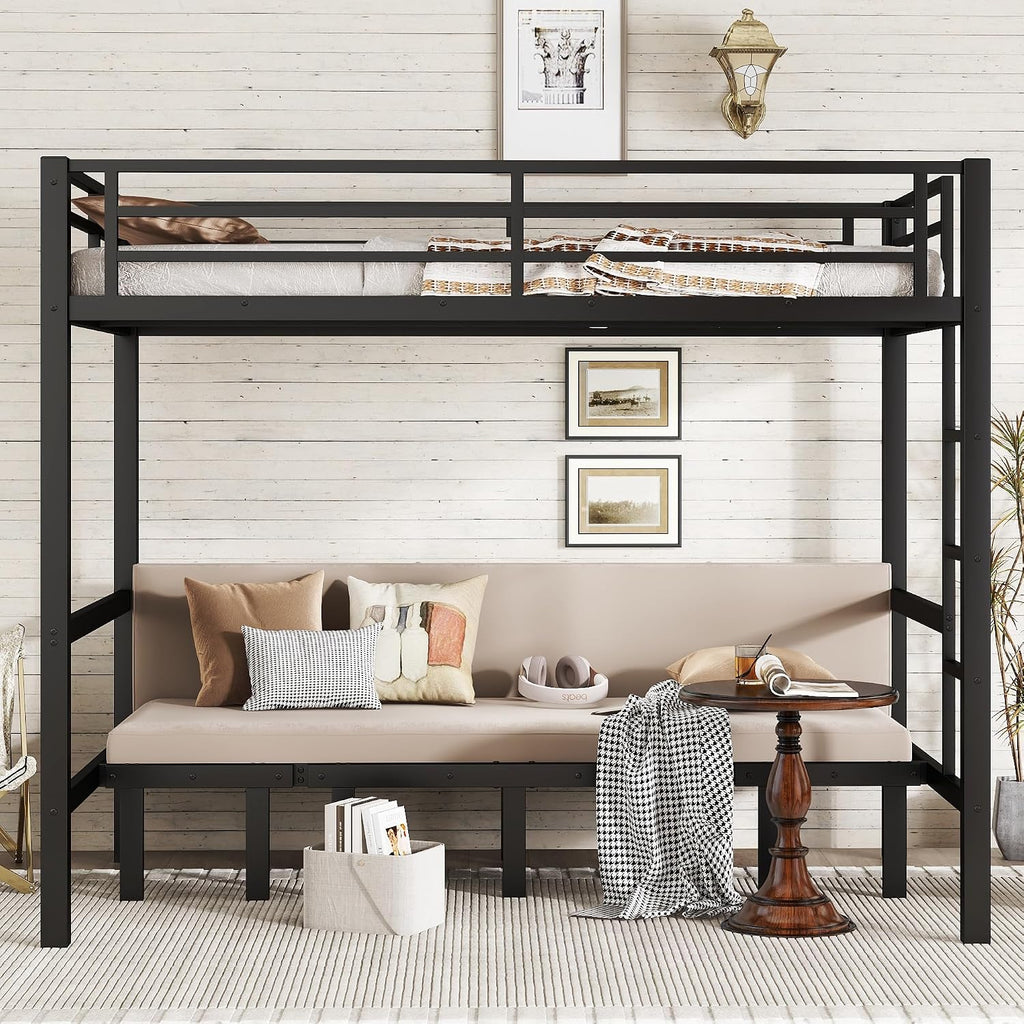 Harper & Bright Designs Full Over Full Bunk Bed Frame for Adults, Heavy Duty Metal Bunk Bed with U-Shaped Sofa, Safety Rails and Side Ladder, Industrial Bunk Beds for Space-Saving, Black