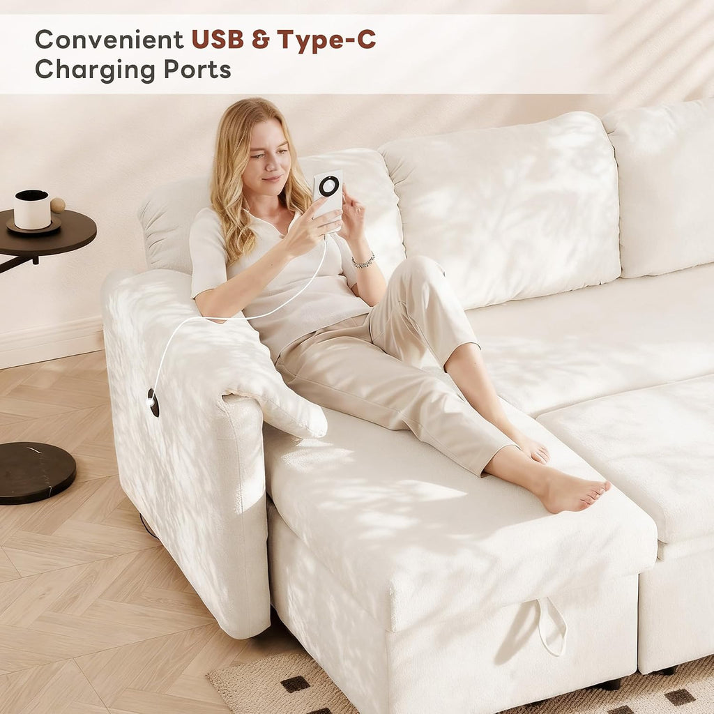 Tbfit 109'' Pull Out Sofa, Sleeper Sofa Bed with USB & 2 Storage Chaises, Comfy Oersized U Shaped Convertible Sectional Sleeper Couches for Living Room, Apartment, Office, White Sherpa