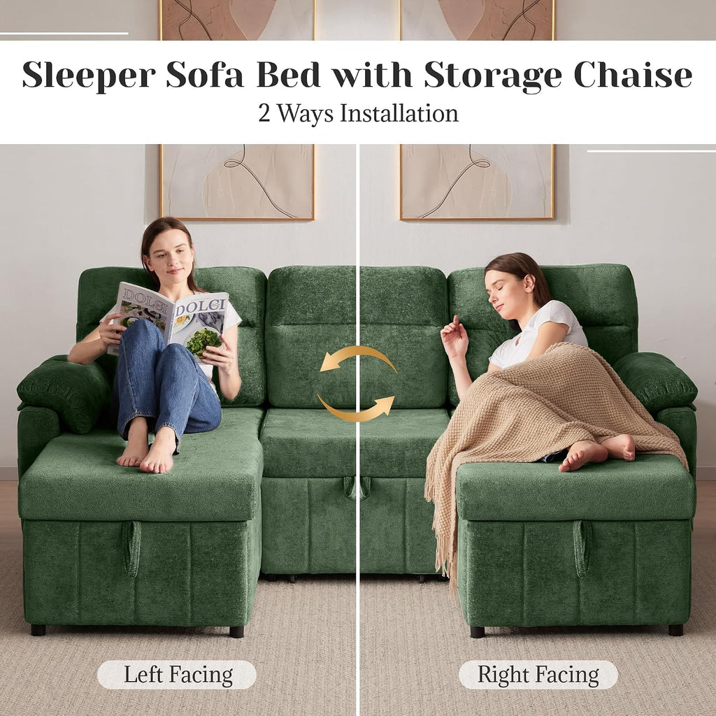 Tbfit 84'' Sleeper Sofa Bed, 3 in 1 Cloud Pull Out Sofa Couch with USB & Storage Chaise, Chenille Convertible Sofa Bed with Pull Out Bed, Couches for Living Room, Apartment, Office, Green