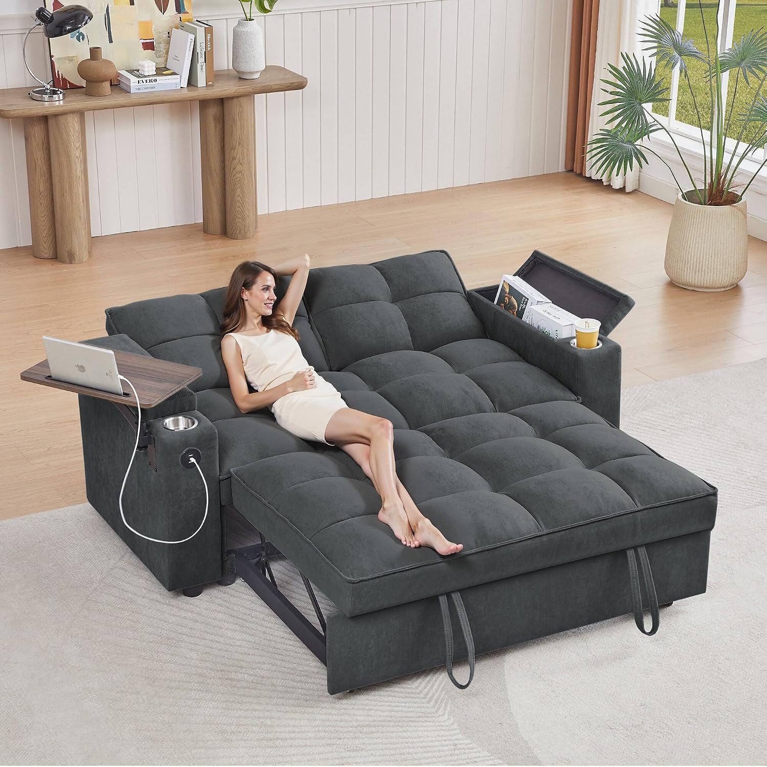 Auvsoce 65'' Convertible Sleeper Sofa Bed with Adjustable Backrest, Chaise Lounge, Side Table & USB/Type-C Ports – Stylish & Functional Addition to Any Living Room (Fashion Pink)
