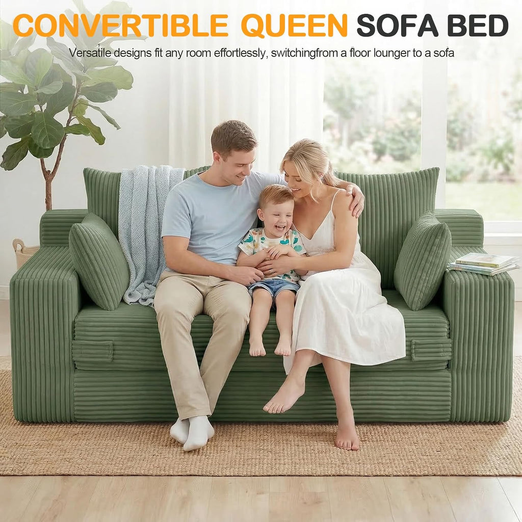 Oversize Loveseat Boneless Convertible Sofa Bed, Folding Floor Futon Sleeper Sofa Queen Size Couch Bed- Boneless Foldable Couch, Corduroy Pull Out Sofa Bed with 5 Pillows for Living Room & Bedroom