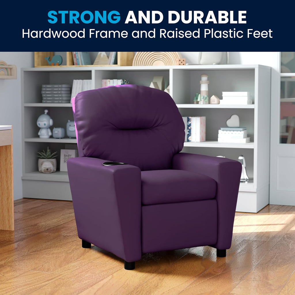 Flash Furniture Chandler Vinyl Kids Recliner with Cup Holder and Safety Recline, Contemporary Reclining Chair for Kids, Supports up to 90 lbs., Purple