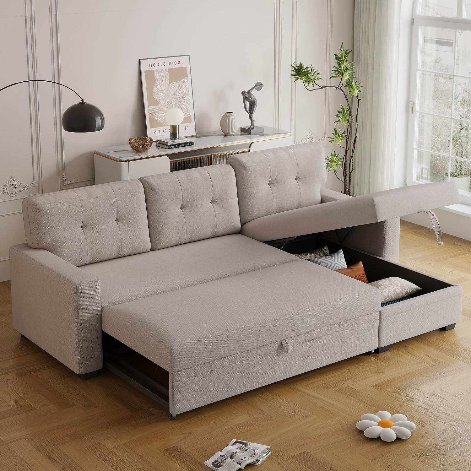 Ball & Cast Convertible Sectional Sleeper Sofa Bed L Shaped,4 in 1 Pull Out Couch with Reversible Storage Chaise & Removable Back Cushions,Sleeper Corner Pull Out Sofa Bed Couch for Living Room,Office