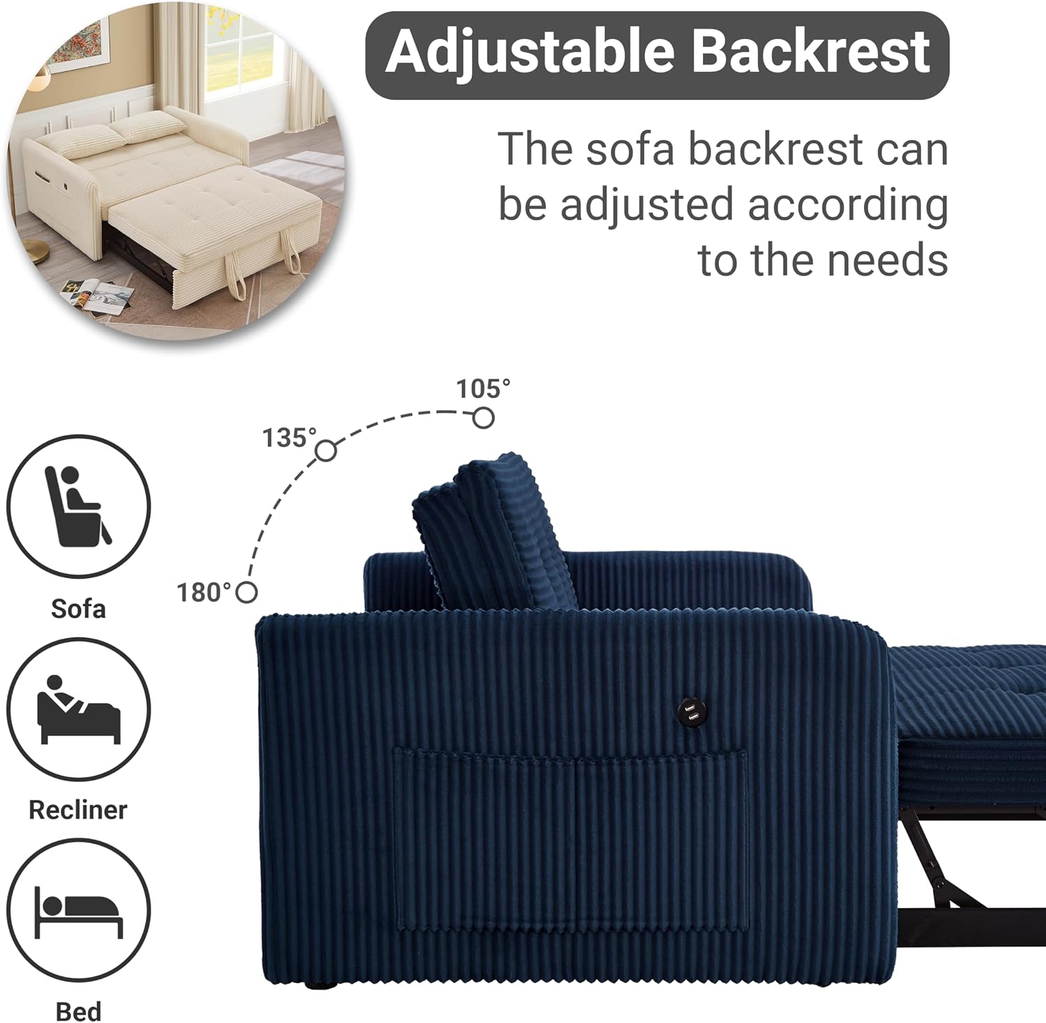 55.5' Corduroy Convertible Sofa Bed, Pull Out Sleeper Sofa Bed, Loveseat Couch with USB Charging Ports, 3 in 1 Convertible Sleeper Sofa Bed for Living Room, Apartment, Bedroom, RV, Blue