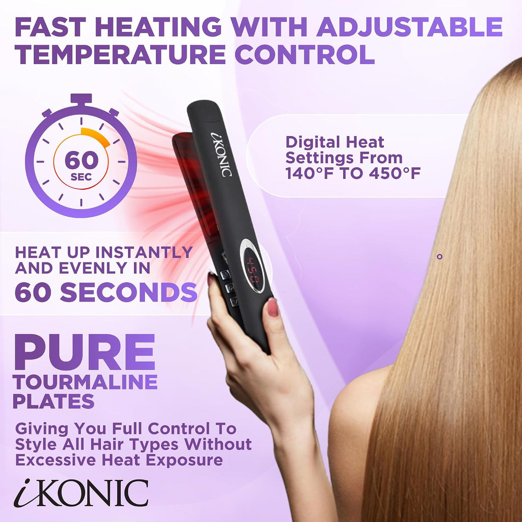 IKonic 100% Tourmaline Ceramic Hair Straightener & Curler– Anti-Static Infrared Ionic 2-in-1 Dual Voltage Flat Iron –1' Floating Plates, Adjustable Temp 140–450°F, Frizz-Free & Fast Heat Hair Iron