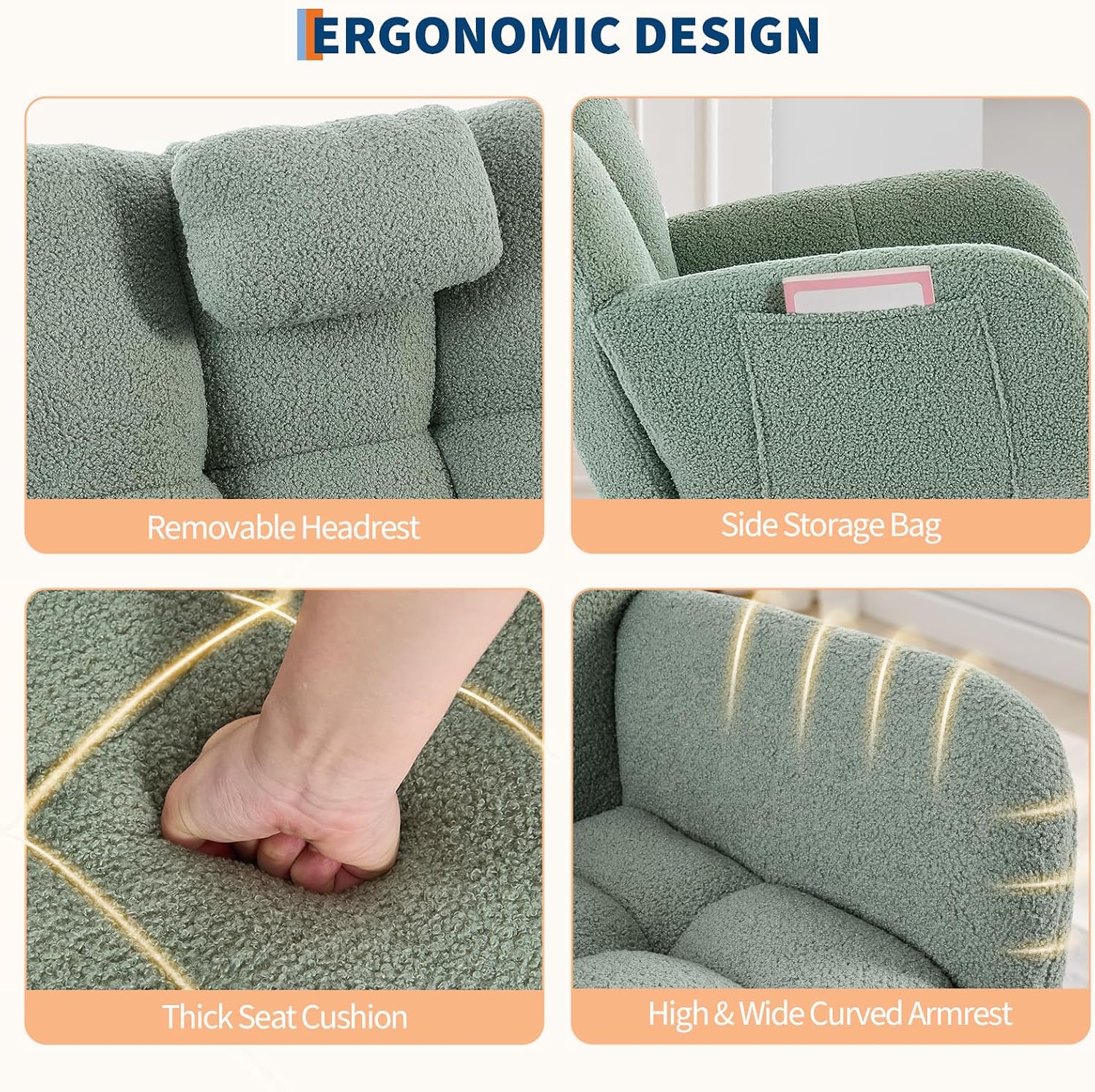 300lb Capacity Nursery Glider Rocker,Teddy Upholstered with Wood Legs for Living Room,Bedroom Nursery Includes Side Pockets