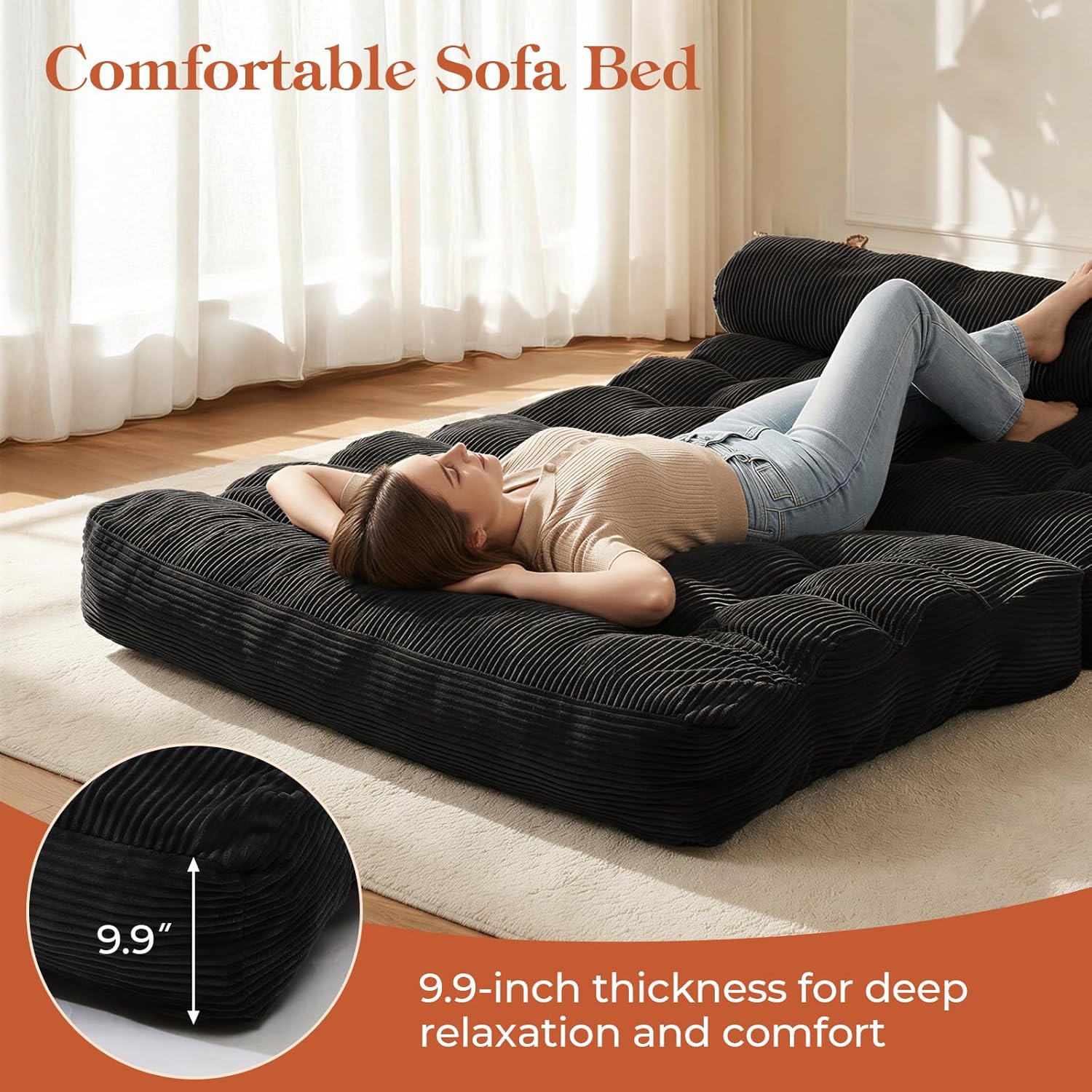 Folding Sofa Bed, Convertible Sleeper Chair with Back Support and Pillow Futon, Boneless Matress, for Living Room/Guest Use/Home Office, Foldable Chair Bed for Adults, Black, Full