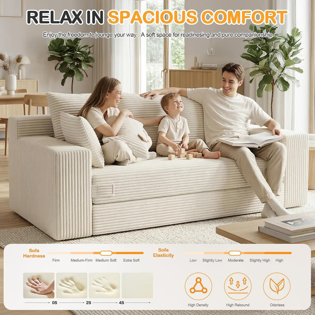 Oversize Loveseat Boneless Convertible Sofa Bed, Folding Floor Futon Sleeper Sofa Queen Size Couch Bed- Boneless Foldable Couch, Corduroy Pull Out Sofa Bed with 5 Pillows for Living Room & Bedroom