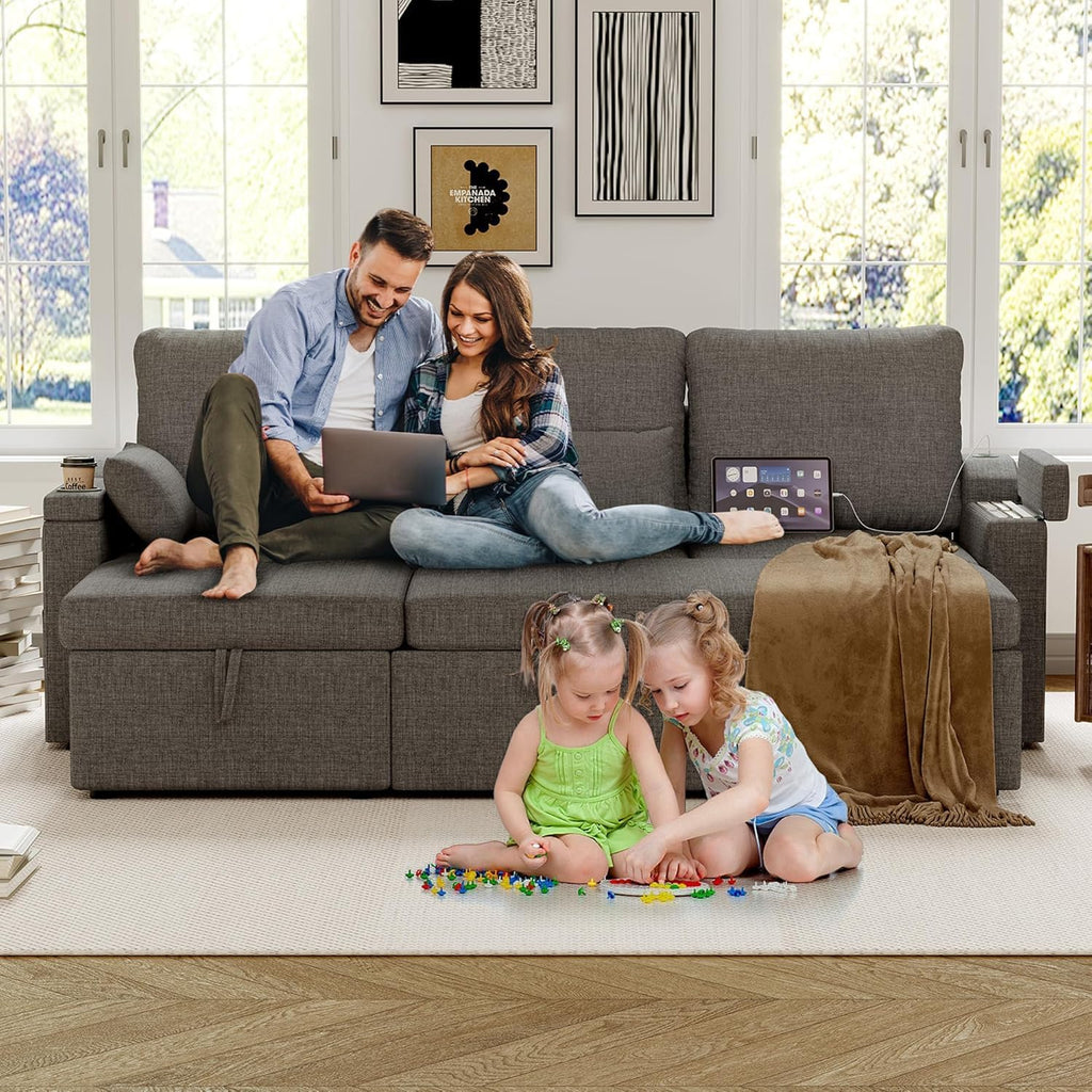 Reversible Sectional Sofa Couch, 85' L-Shaped Sleeper Sofa Bed with Pull Out Bed, Storage Chaise, USB Type-C Ports, Removable Backrest, Cup Holder, Modern Convertible Couch for Living Room, Grey
