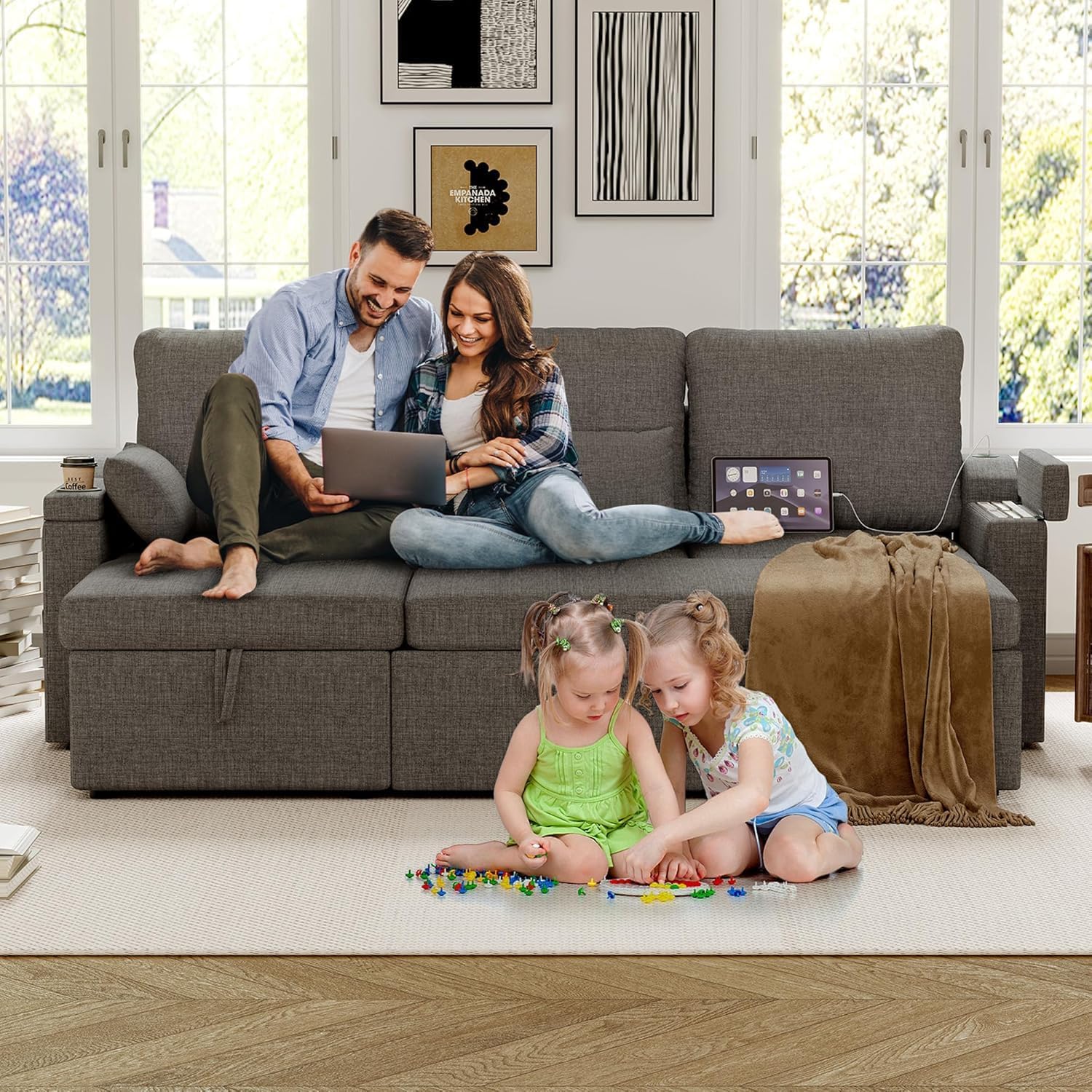Reversible Sectional Sofa Couch, 85' L-Shaped Sleeper Sofa Bed with Pull Out Bed, Storage Chaise, USB Type-C Ports, Removable Backrest, Cup Holder, Modern Convertible Couch for Living Room, Grey