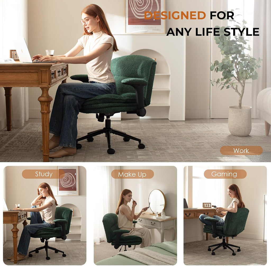 Dowinx Criss Cross Chair with Adjustable Flip-up Arms and Wheels, Comfort Ergonomic Office Desk Armchair with 3 Layer Cushions, Wide Seat Vanity Chair for Home Office, Living Room, Bedroom, Green