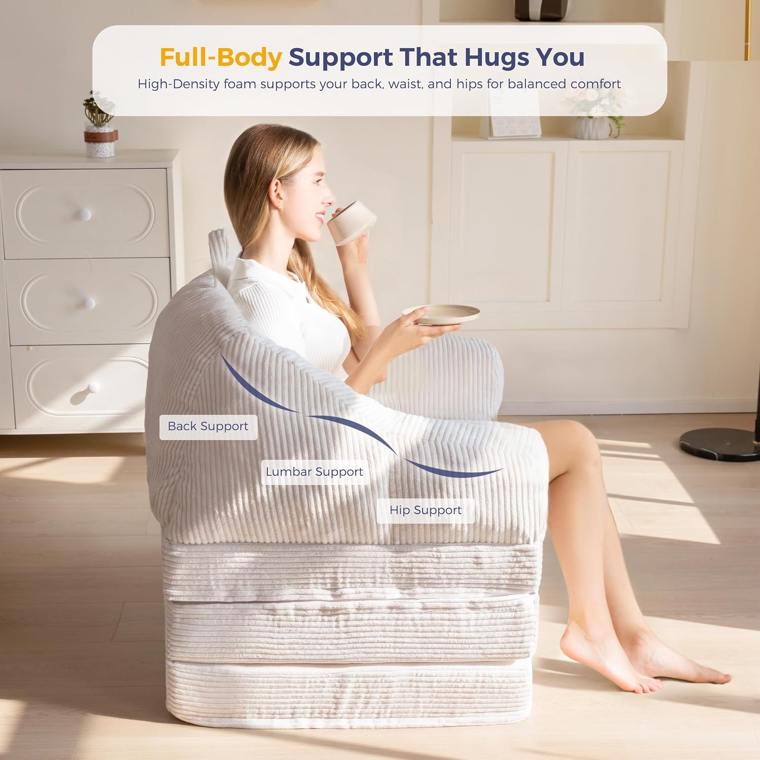 MAXYOYO Folding Sofa Bed with Backrest, Boneless Fold Out Couch Bed with Handle, 2 in 1 Convertible Bean Bag Chair to Floor Sofa Lounger, Comfy Folding Couch for Bedroom & Living Room, Beige