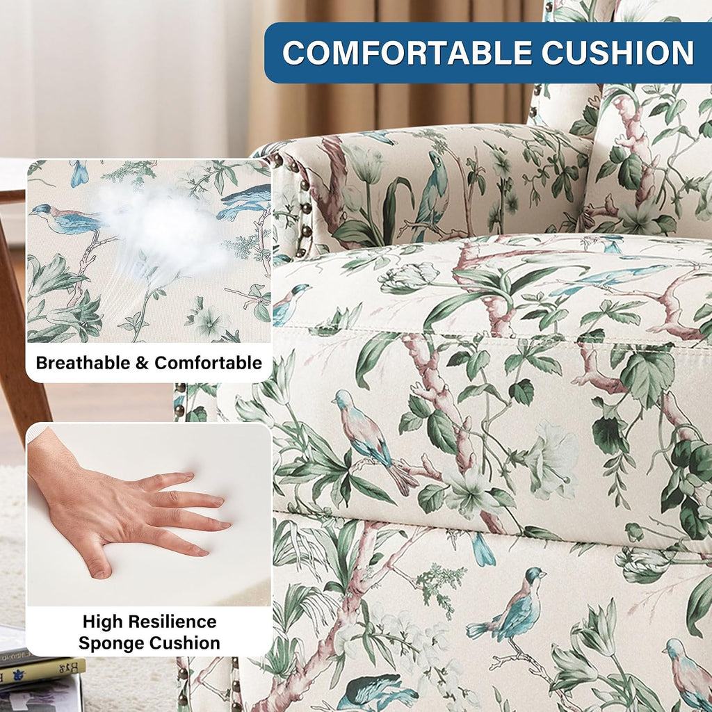 Lumibee Swivel Rocker Recliner Chairs, Set of 2 Printed Fabric Swivel Glider Rocking Chair with High Back, Upholstered Deep Seat Wingback Recliner Chair for Living Room Bedroom, Bird