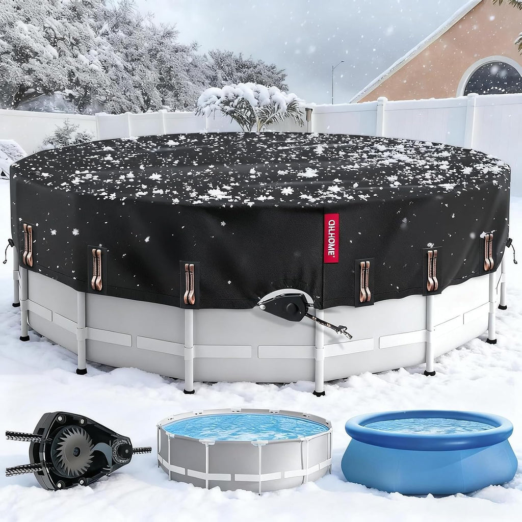 QH.HOME 24/26 Ft Round Pool Cover with Fast Tightening Patented Ratchet, Pool Covers for Above Ground Pools, One-Piece Tear Resistant Swimming Pool Cover Protector with Upgraded Ultimate Windproof