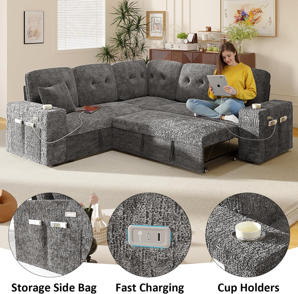 Modular Sectional Sleeper Sofa Bed, 4-in-1 Pull Out Couch Bed with Adjustable Backrest | Hidden Storage | Wide Armrest | Charging, 5-Seat Sectional Couches for Living Room, Grey Chenille