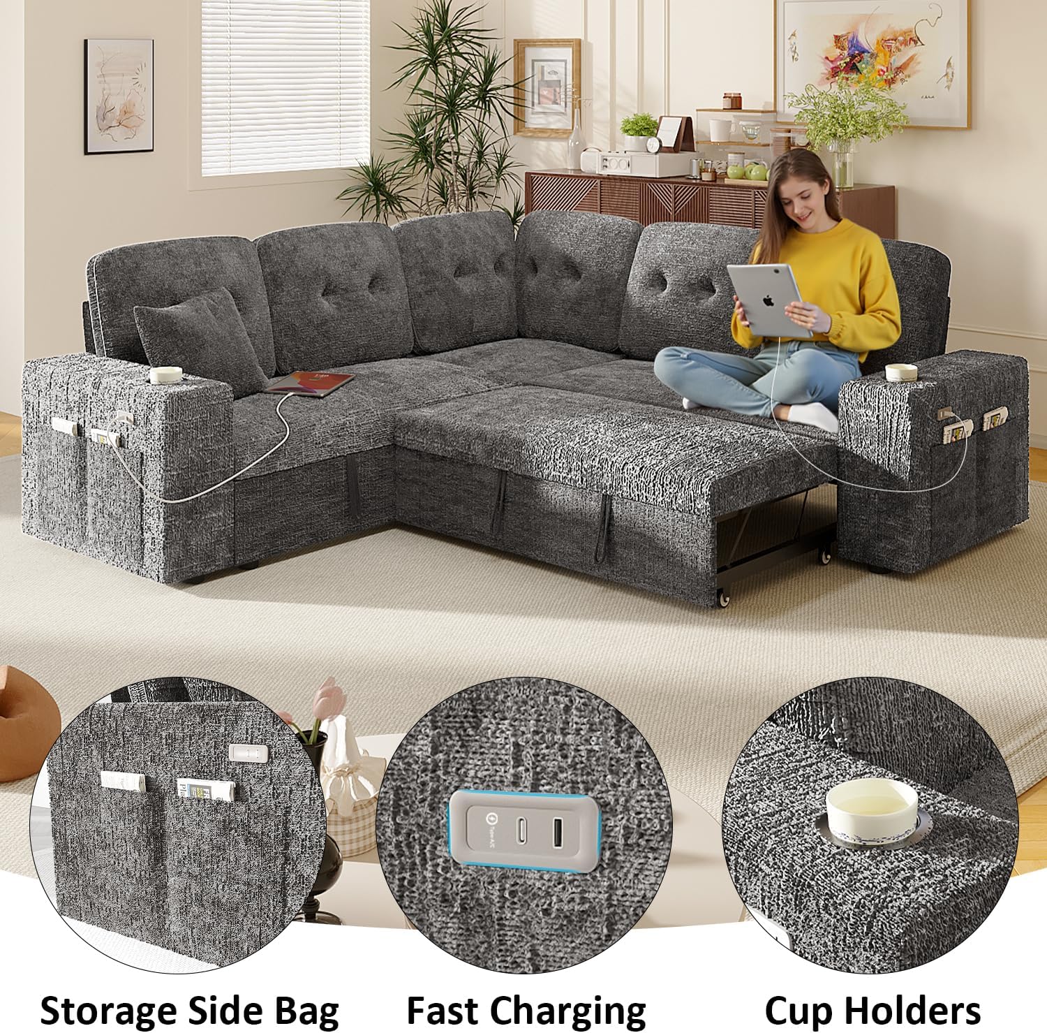 Modular Sectional Sleeper Sofa Bed, 4-in-1 Pull Out Couch Bed with Adjustable Backrest | Hidden Storage | Wide Armrest | Charging, 5-Seat Sectional Couches for Living Room, Grey Chenille