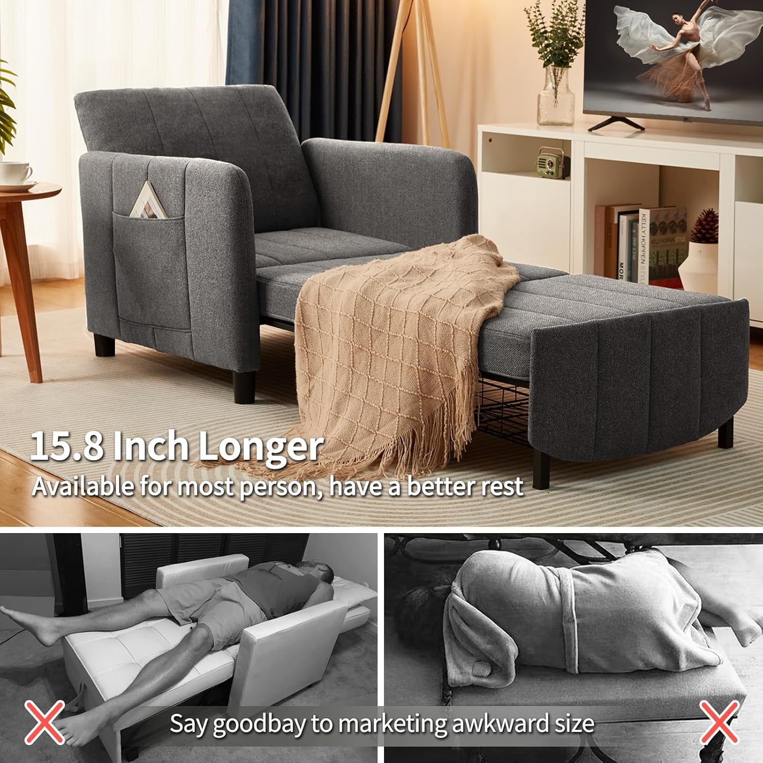 ZZW Sleeper Chair 84' Extra Long Convertible Chair Bed Upgraded 3-in-1 to 4-in-1 Pull Out Chair & Single Sofa Bed for Adult Sleeping Chair for Living Room & Small Space (Dark Grey)