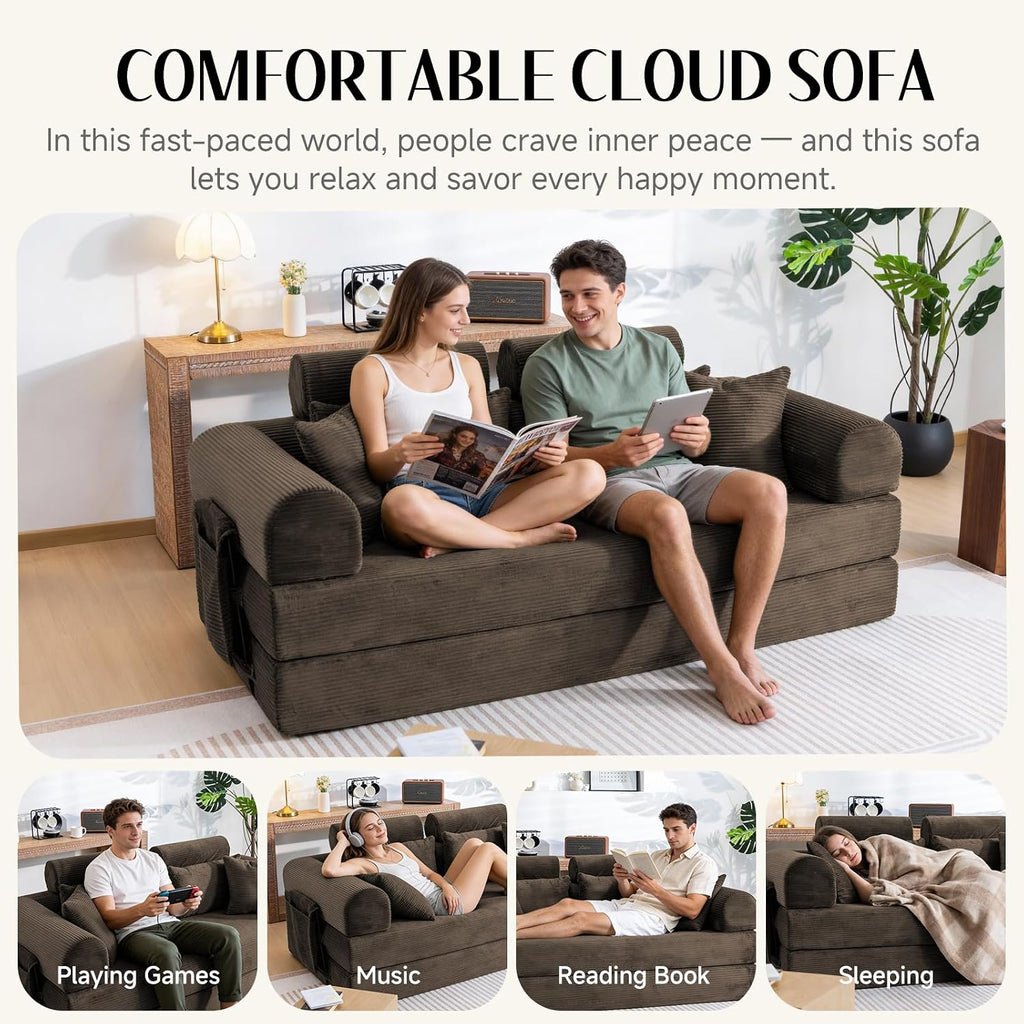 79' Convertible Boneless Couch for Small Spaces, 6-in-1 Corduroy Sofa Bed with High Backrest, Pillows, High-Density Foam Loveseat Sleeper Couch in a Box for Living Room, No Assembly, Brown