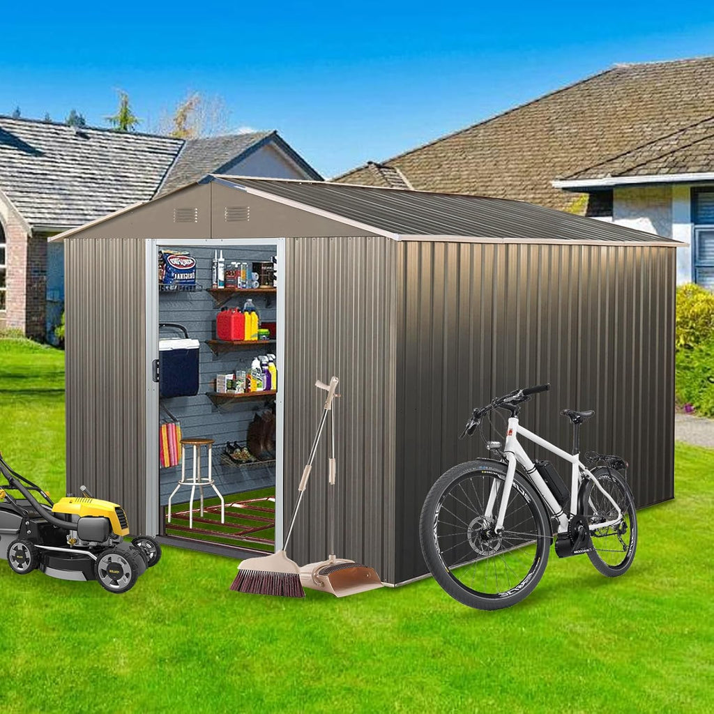 Ball & Cast 8x10 FT Outdoor Storage Shed,Metal Waterproof Garden Shed with Sliding Doors and Padlock,All Weather Heavy-Duty Tool Shed W/Vents, Foldable House for Garden Backyard,Lawn,Gray