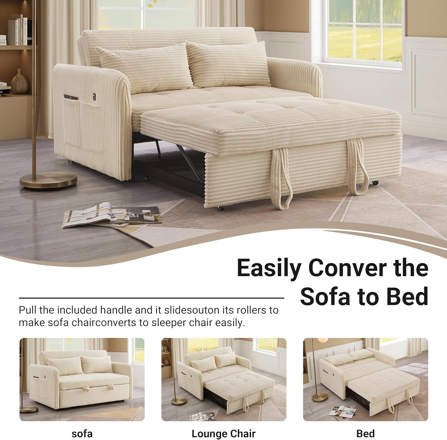 55.5' Corduroy Convertible Sofa Bed, Pull Out Sleeper Sofa Bed, Loveseat Couch with USB Charging Ports, 3 in 1 Convertible Sleeper Sofa Bed for Living Room, Apartment, Bedroom, RV, Beige