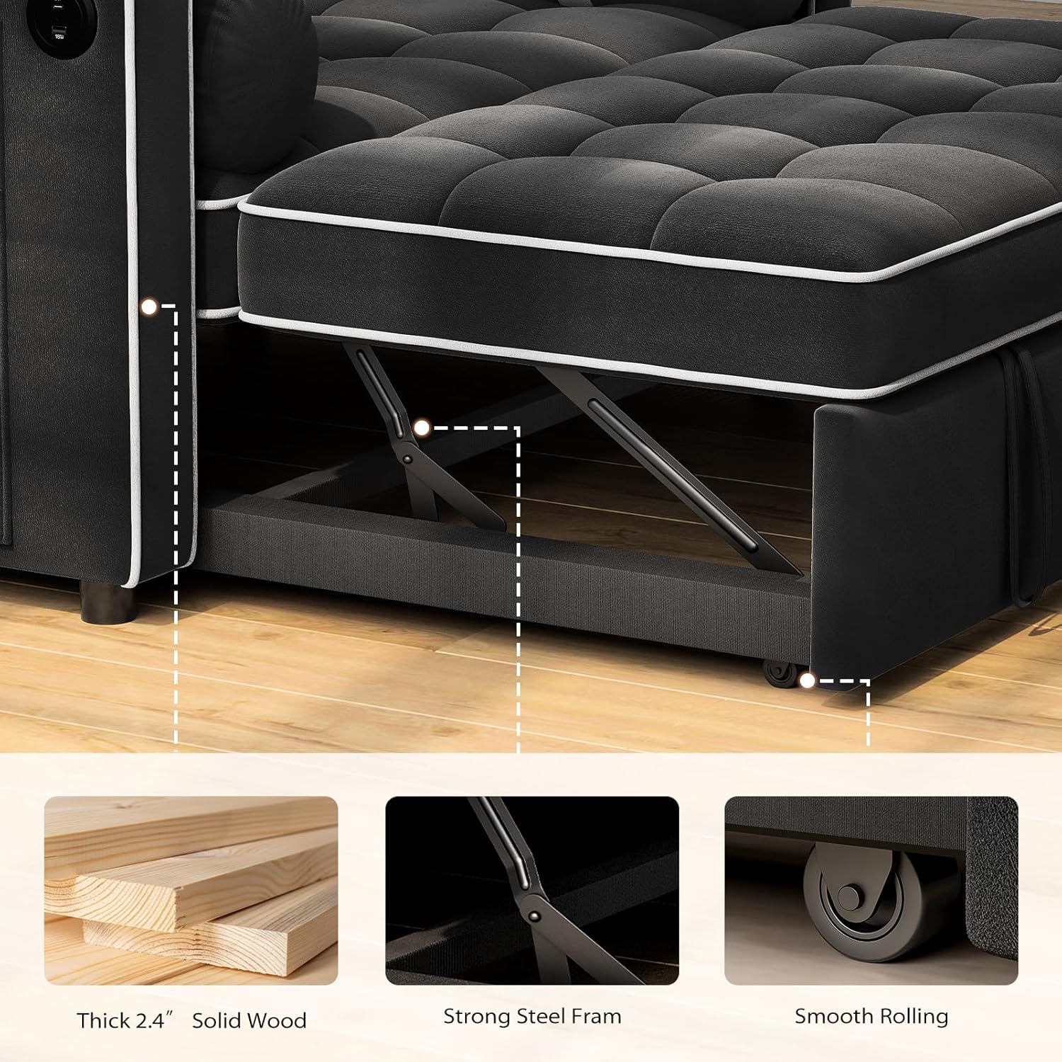 Pipishell 3 in 1 Sleeper Sofa Bed, Pull Out Couch for Living Room with USB Ports & Side Pockets, Adjustable Backrest, Convertible Loveseat Sofa Bed, Futon Couches, Charcoal Black Velvet